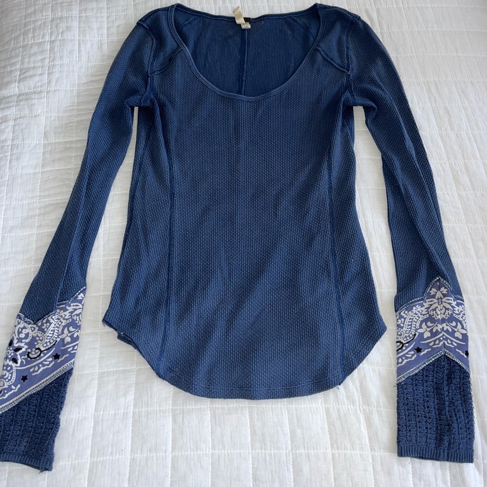 Free People dusty blue waffle-long sleeve